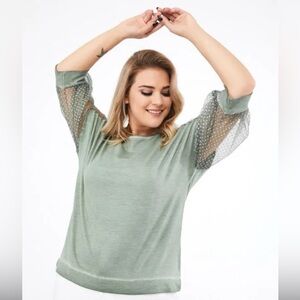 Dantelle Womens Top XL Shirt Green Long Lace Sleeve Tunic Pullover Blouse NEW